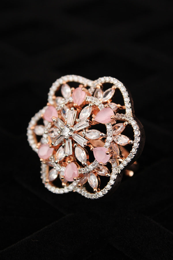 Double flower Design Adjustable Ring In Premium Quality With Pink Colour Stones (ADR007-P)