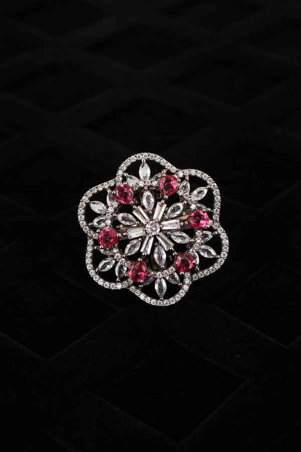 Double flower Design Adjustable Ring In Premium Quality With Ruby Colour Stones (ADR007-BRU)