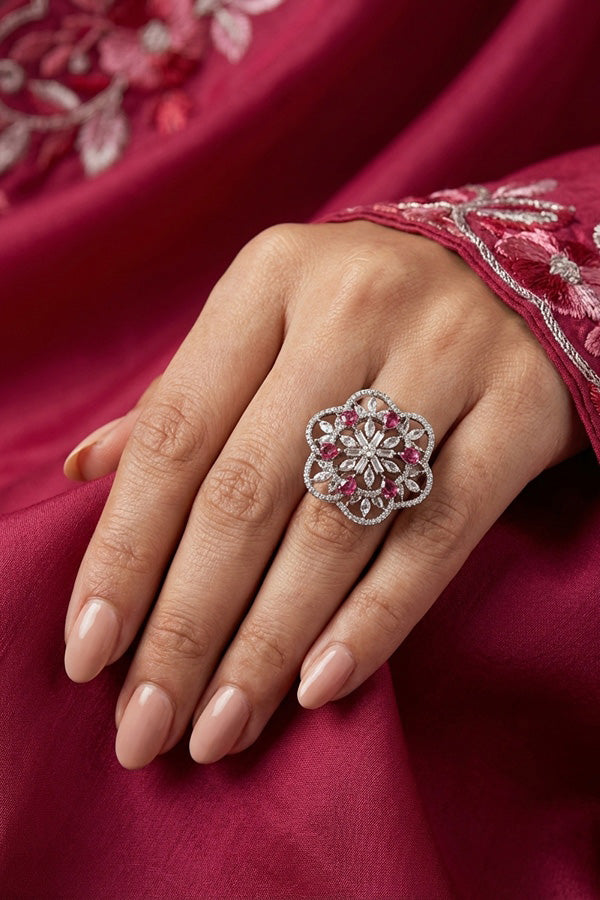 Double flower Design Adjustable Ring In Premium Quality With Ruby Colour Stones (ADR007-BRU)