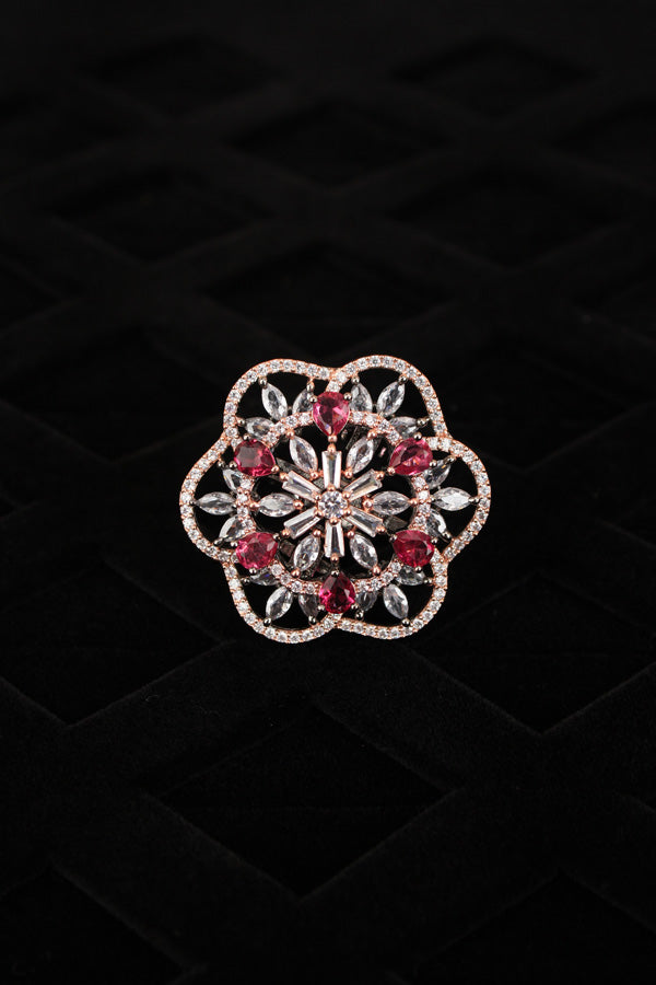 Double flower Design Adjustable Ring In Premium Quality With Ruby Colour Stones (ADR007-RGRU)