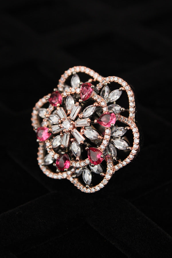 Double flower Design Adjustable Ring In Premium Quality With Ruby Colour Stones (ADR007-RGRU)