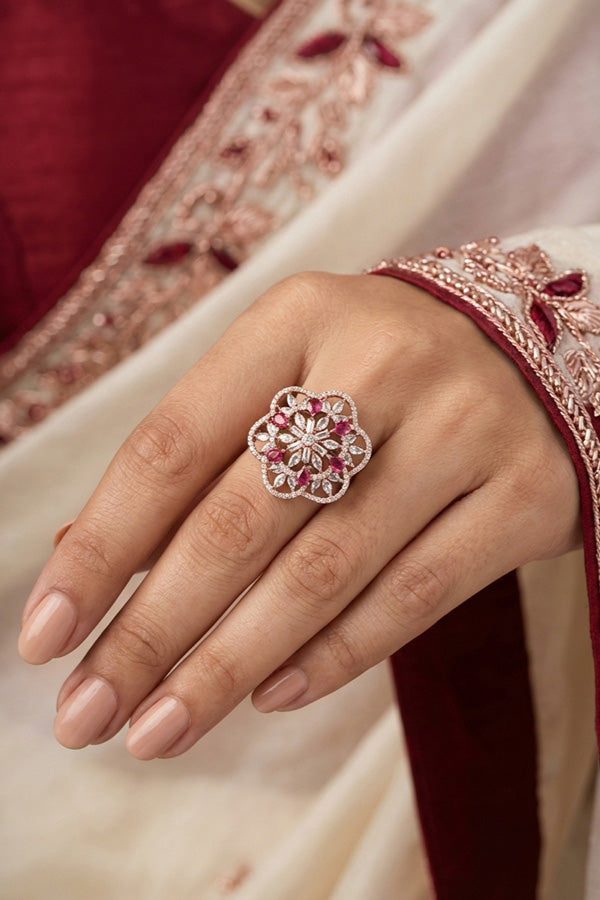 Double flower Design Adjustable Ring In Premium Quality With Ruby Colour Stones (ADR007-RGRU)