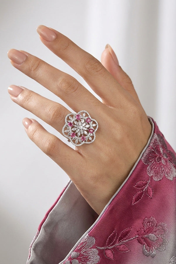 Double flower Design Adjustable Ring In Premium Quality With Ruby Colour Stones (ADR007-SRU)
