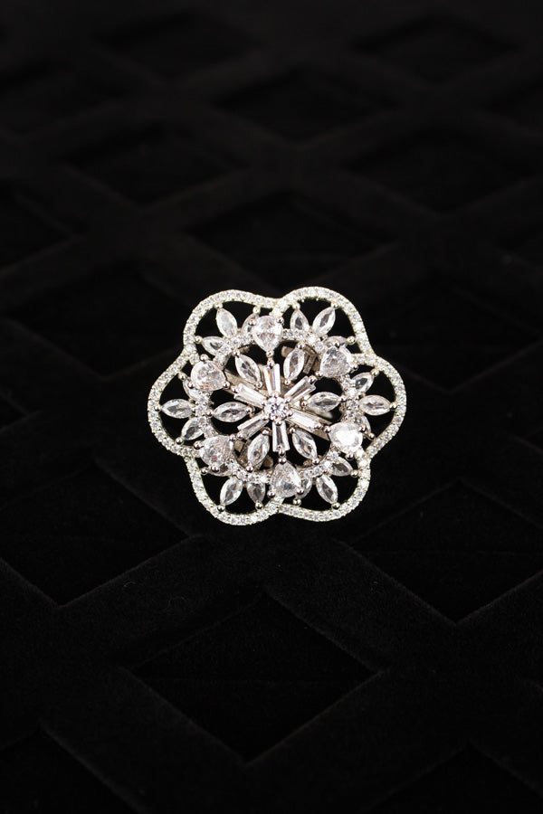 Double flower Design Adjustable Ring In Premium Quality With Silver Colour Stones (ADR007-S)