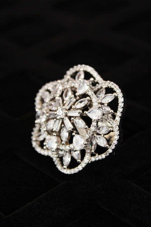 Double flower Design Adjustable Ring In Premium Quality With Silver Colour Stones (ADR007-S)