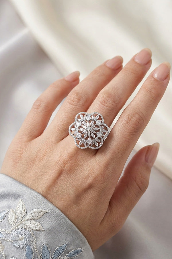Double flower Design Adjustable Ring In Premium Quality With Silver Colour Stones (ADR007-S)