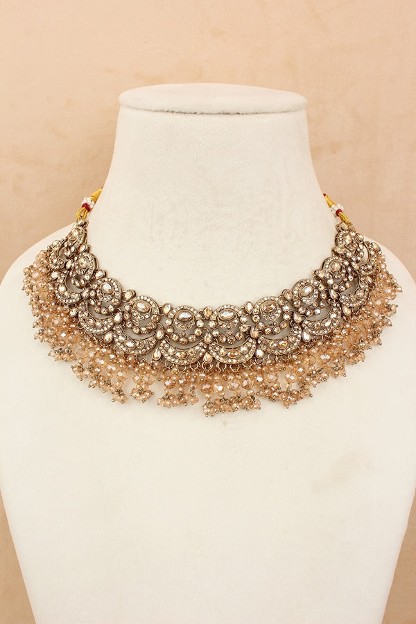 Double Layer Bridal Necklace Set With Crystal Beads (BS008-Golden)
