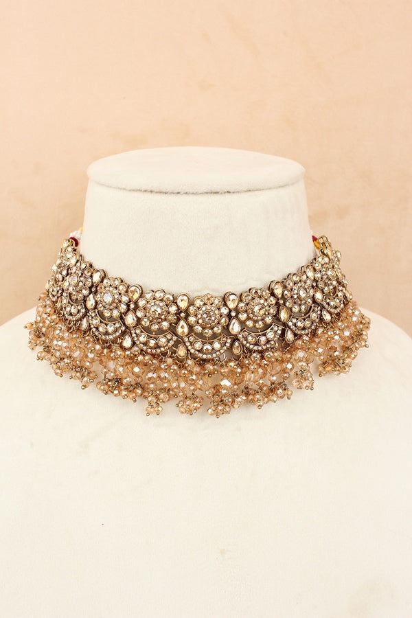 Double Layer Bridal Necklace Set With Crystal Beads (BS008-Golden)