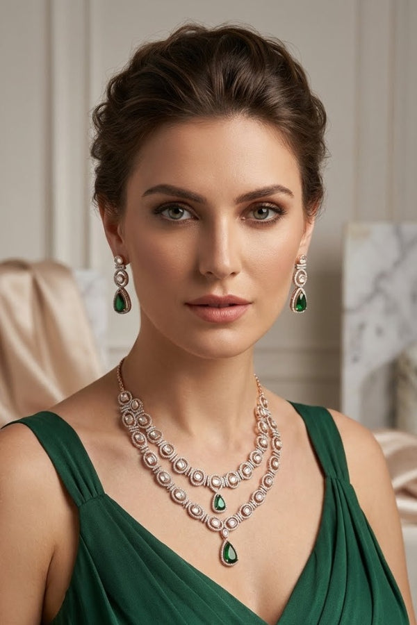 Double Layer Kundan Necklace Set With Green Stones And Matching Earrings (IGNK012)