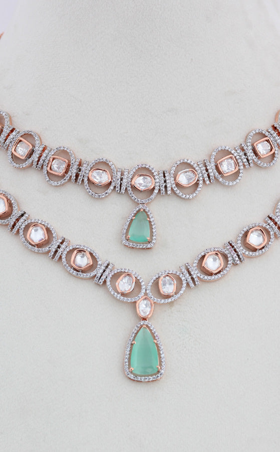 Double Layer Kundan Necklace Set With Mint Green Stones And Matching Earrings (IGNK012)