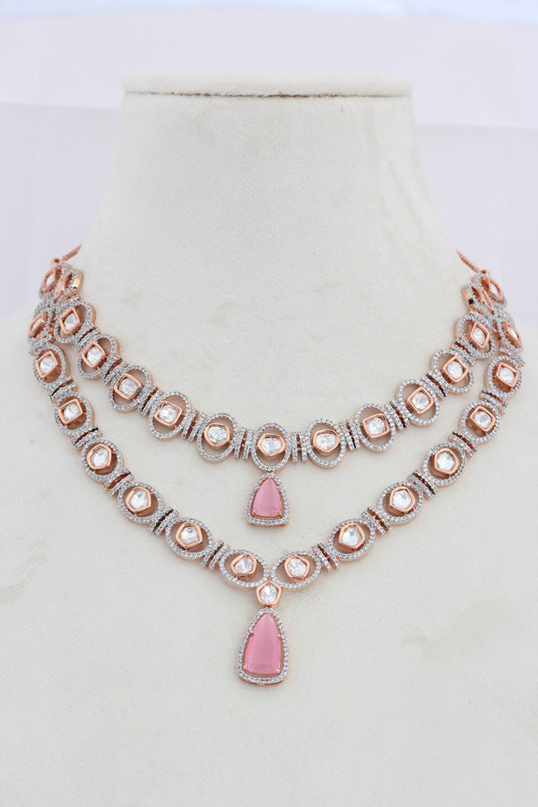 Double Layer Kundan Necklace Set With Pink Stones And Matching Earrings (IGNK012)