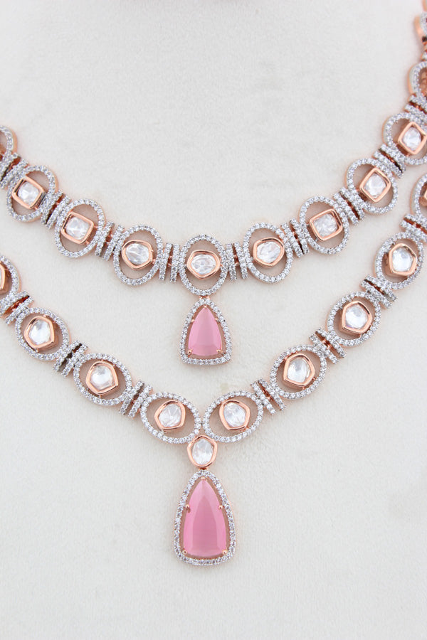 Double Layer Kundan Necklace Set With Pink Stones And Matching Earrings (IGNK012)