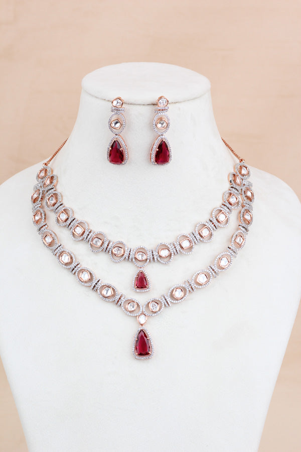 Double Layer Kundan Necklace Set With Red Stones And Matching Earrings (IGNK012)