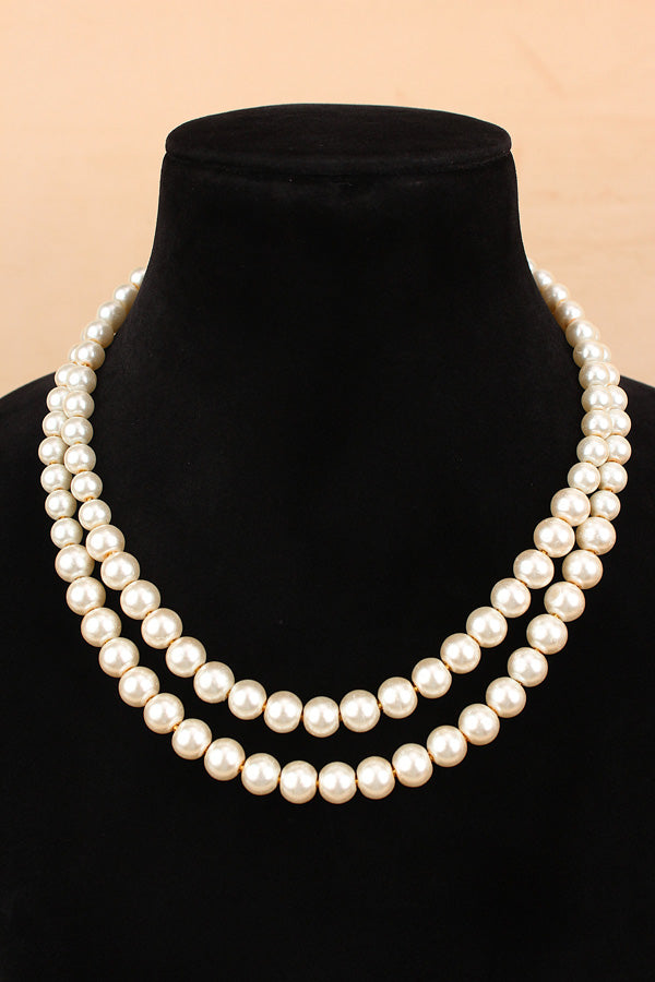 Double Layered Mala Necklace Set With White Pearls And Marching Pearl Stud Earrings (MA002)