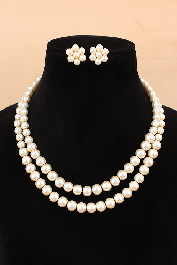Double Layered Mala Necklace Set With White Pearls And Marching Pearl Stud Earrings (MA002)