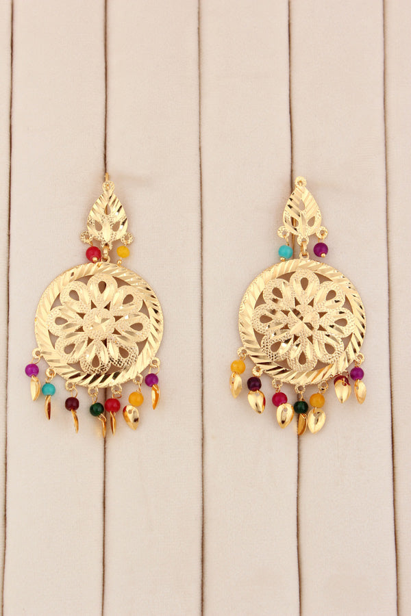 Elegant Gold Plated Punjabi Jadau Necklace Set With Multi Colour Beads With Matching Earrings And Tikka (PJNS012)