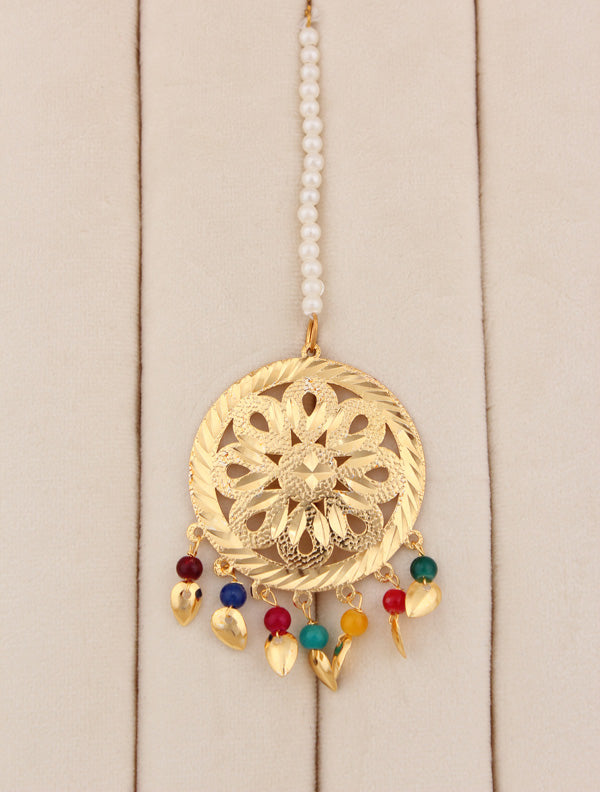 Elegant Gold Plated Punjabi Jadau Necklace Set With Multi Colour Beads With Matching Earrings And Tikka (PJNS012)