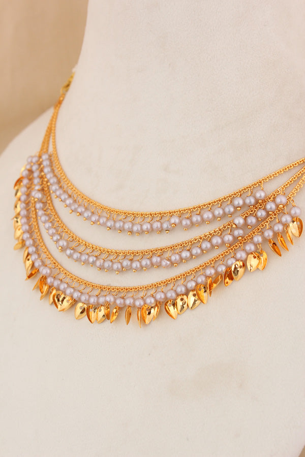 Elegant Triple Layer Punjabi Jadau Necklace Set With Grey Colour Pearls And Large Earrings (PJNS008)