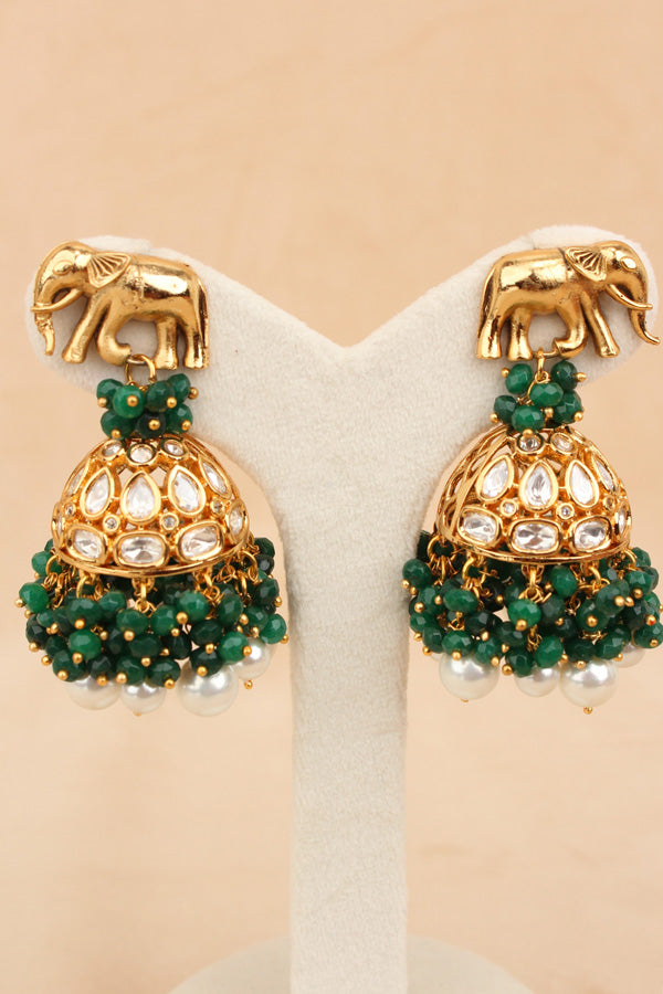 Elephant Motif Kundan Necklace Set With White Pearls And Green Beads Attached With Matching Jhumka Earrings (NKS034-G)