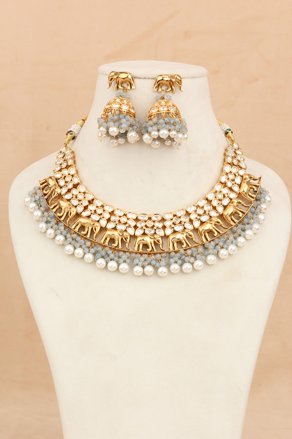 Elephant Motif Kundan Necklace Set With White Pearls And Grey Beads Attached With Matching Jhumka Earrings (NKS034-GY)