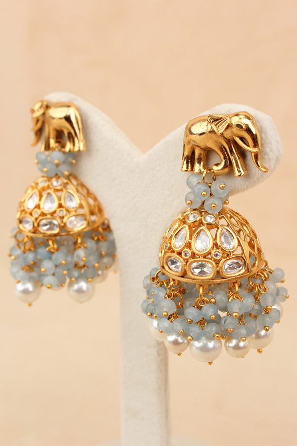 Elephant Motif Kundan Necklace Set With White Pearls And Grey Beads Attached With Matching Jhumka Earrings (NKS034-GY)