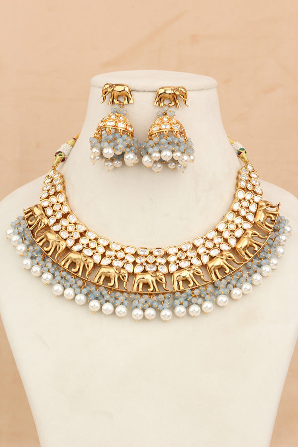 Elephant Motif Kundan Necklace Set With White Pearls And Grey Beads Attached With Matching Jhumka Earrings (NKS034-GY)