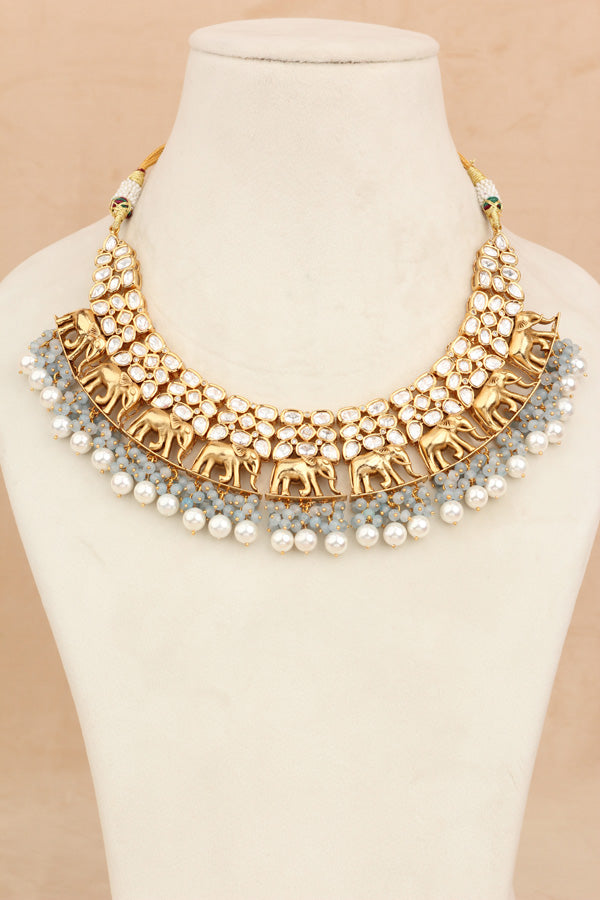 Elephant Motif Kundan Necklace Set With White Pearls And Grey Beads Attached With Matching Jhumka Earrings (NKS034-GY)