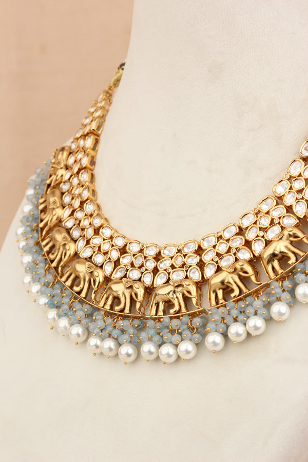 Elephant Motif Kundan Necklace Set With White Pearls And Grey Beads Attached With Matching Jhumka Earrings (NKS034-GY)