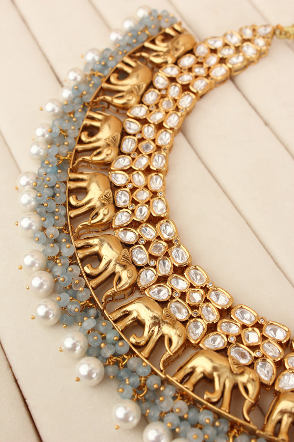 Elephant Motif Kundan Necklace Set With White Pearls And Grey Beads Attached With Matching Jhumka Earrings (NKS034-GY)