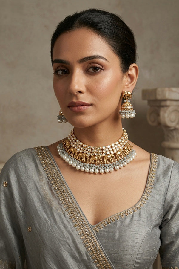 Elephant Motif Kundan Necklace Set With White Pearls And Grey Beads Attached With Matching Jhumka Earrings (NKS034-GY)