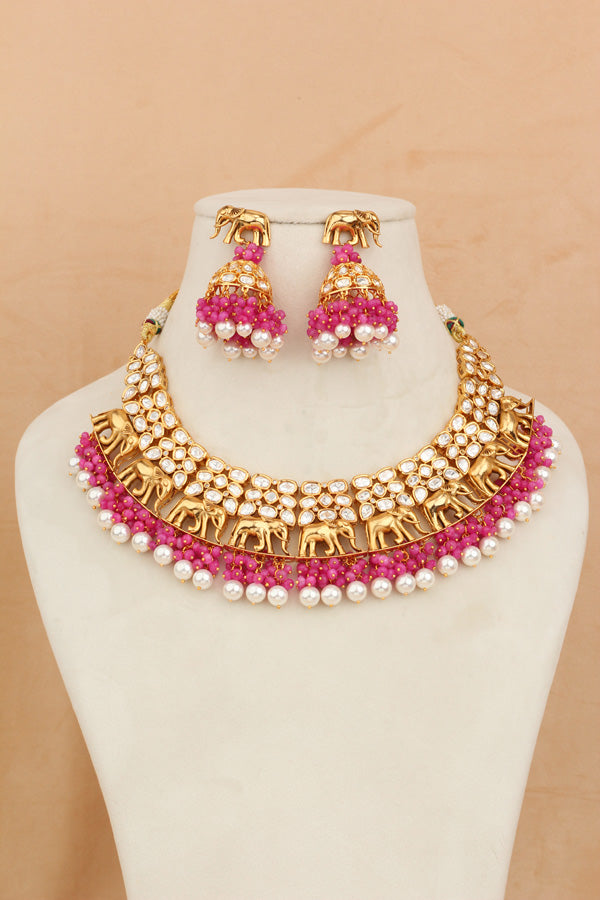 Elephant Motif Kundan Necklace Set With White Pearls And Pink Beads Attached With Matching Jhumka Earrings (NKS034-P)