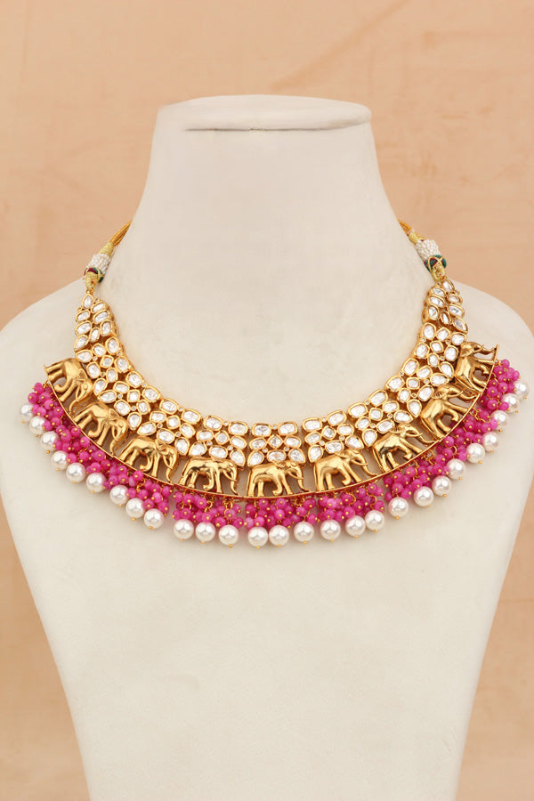 Elephant Motif Kundan Necklace Set With White Pearls And Pink Beads Attached With Matching Jhumka Earrings (NKS034-P)