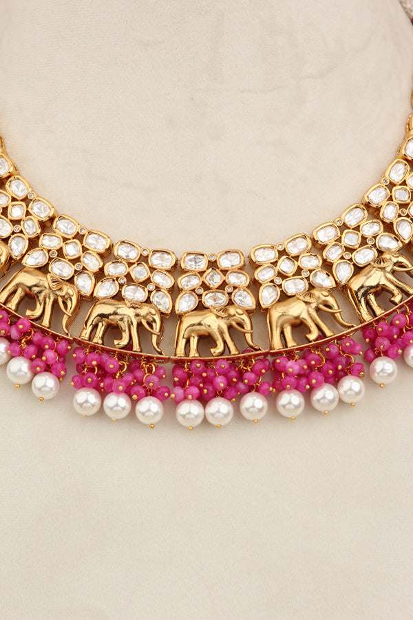 Elephant Motif Kundan Necklace Set With White Pearls And Pink Beads Attached With Matching Jhumka Earrings (NKS034-P)