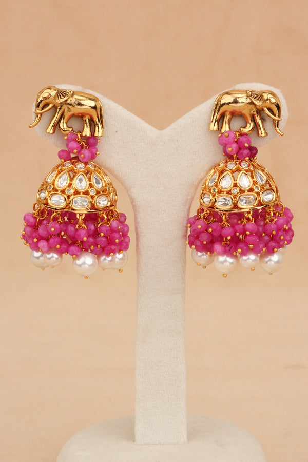 Elephant Motif Kundan Necklace Set With White Pearls And Pink Beads Attached With Matching Jhumka Earrings (NKS034-P)