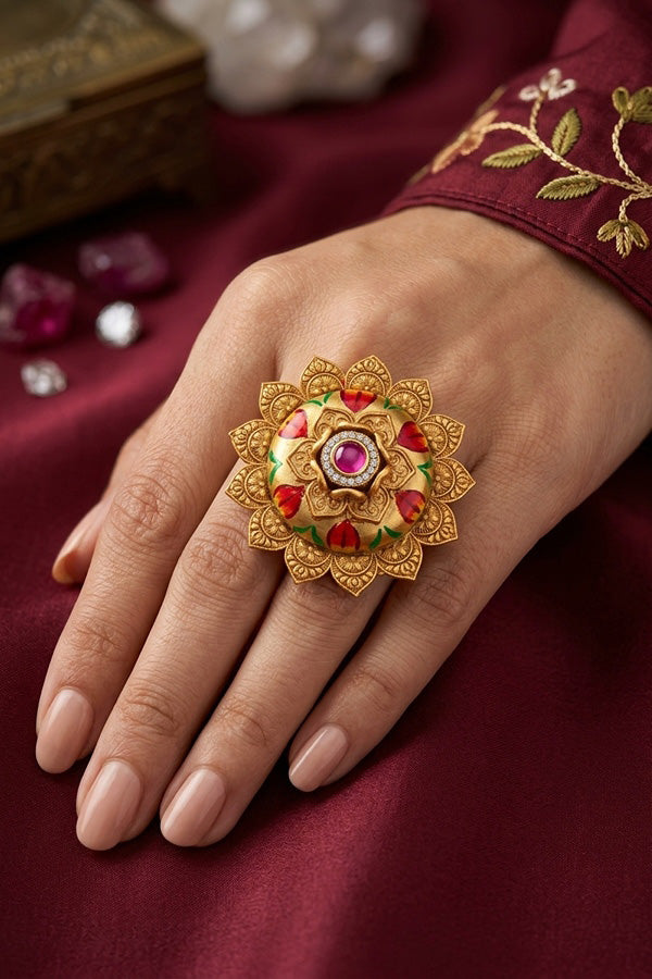 Fashionable Adjustable Gold plated Meenakari Ring With Pink Center Stone (RF010-GO)