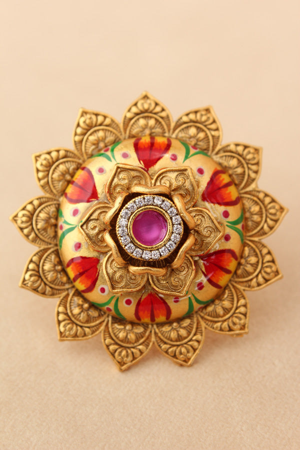 Fashionable Adjustable Gold plated Meenakari Ring With Pink Center Stone And Pink Dots (RF010-P)