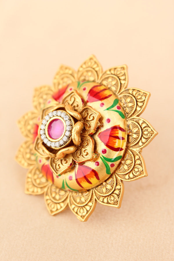 Fashionable Adjustable Gold plated Meenakari Ring With Pink Center Stone And Pink Dots (RF010-P)