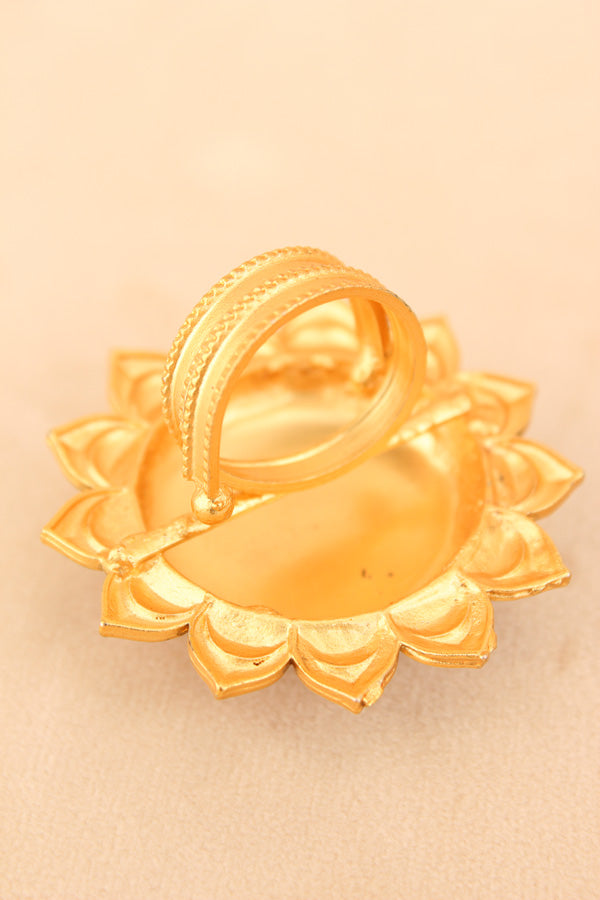 Fashionable Adjustable Gold plated Meenakari Ring With Pink Center Stone And Pink Dots (RF010-P)