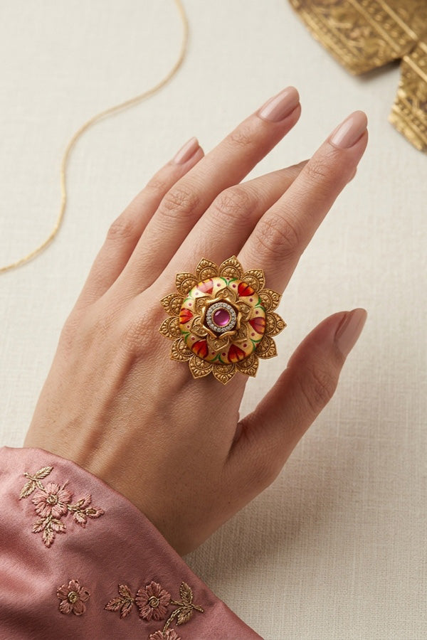 Fashionable Adjustable Gold plated Meenakari Ring With Pink Center Stone And Pink Dots (RF010-P)