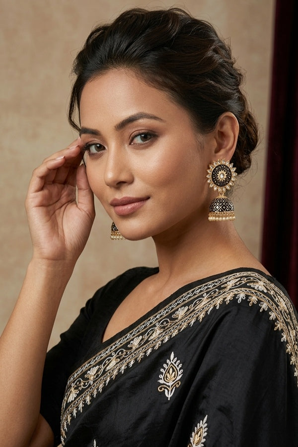 Fashionable Jhumka Earrings In Black Colour With White Beads Attached