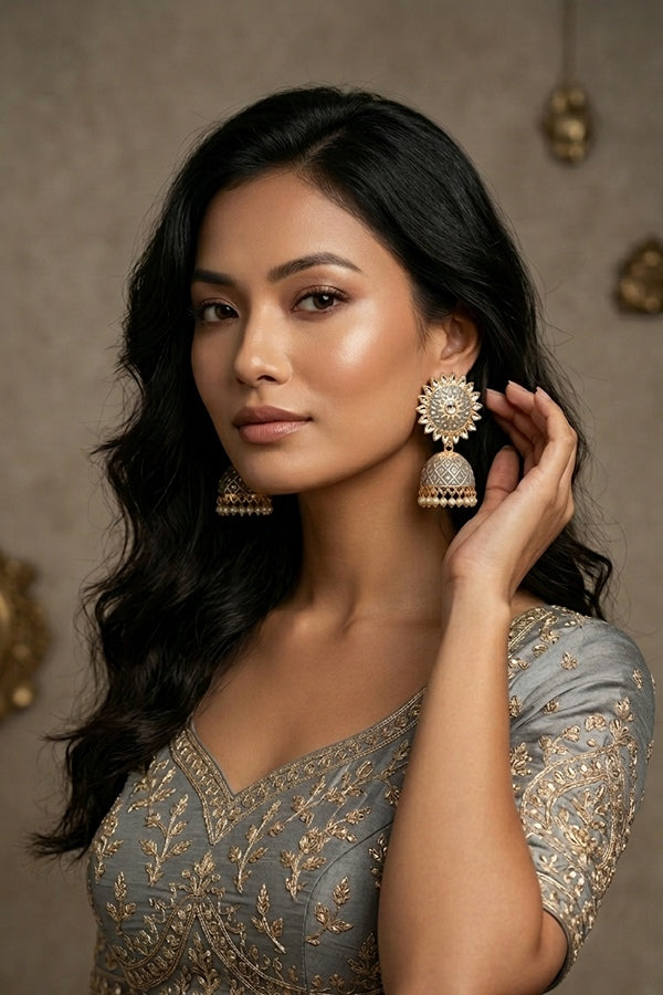 Fashionable Jhumka Earrings In Grey Colour With White Beads Attached