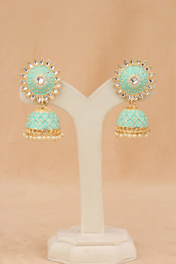 Fashionable Jhumka Earrings In Mint Green Colour With White Beads Attached (JH004-MG-B1)