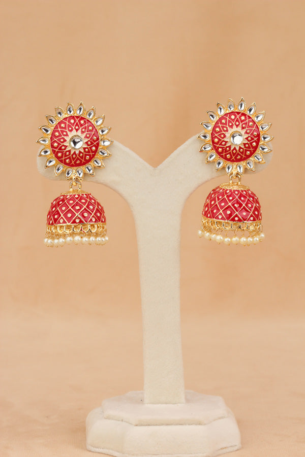 Fashionable Jhumka Earrings In Red Colour With White Beads Attached (JH0004-R-B1)