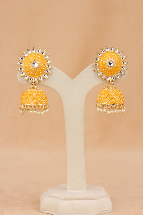 Fashionable Jhumka Earrings In Yellow Colour With White Beads Attached (JH004-Y-B1)