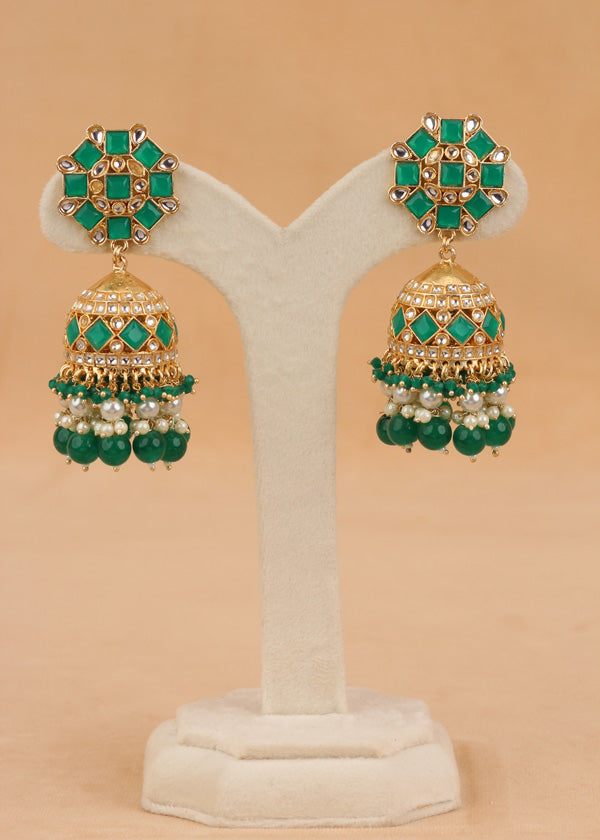 Fashionable Jhumka Earrings With Green Stones And Pearls (JH001-G-B1)
