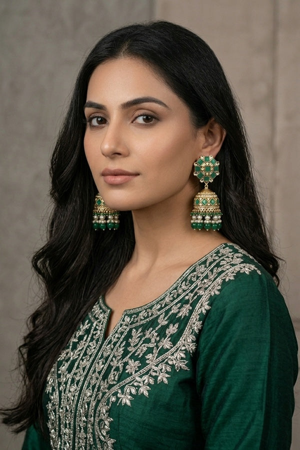 Fashionable Jhumka Earrings With Green Stones And Pearls