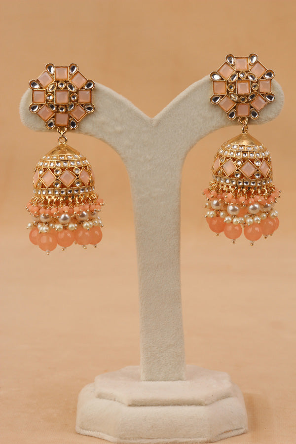 Fashionable Jhumka Earrings With Peach Stones And Pearls (JH001-PE-B1)