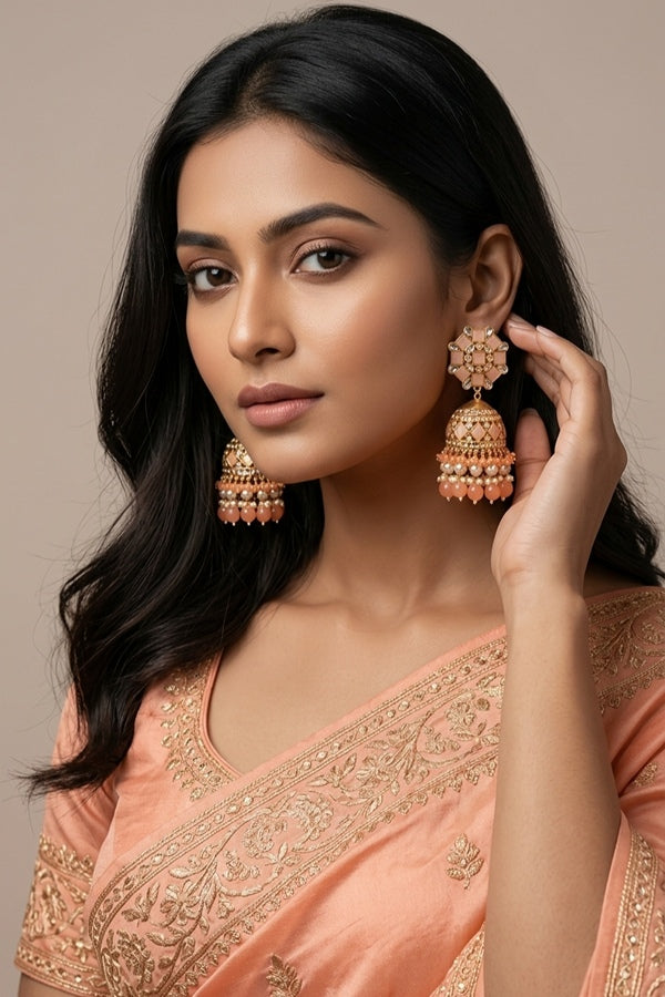 Fashionable Jhumka Earrings With Peach Stones And Pearls