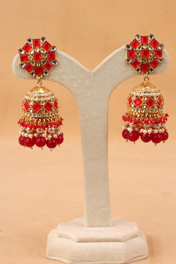 Fashionable Jhumka Earrings With Red Stones And Pearls (JH001-R-B1)