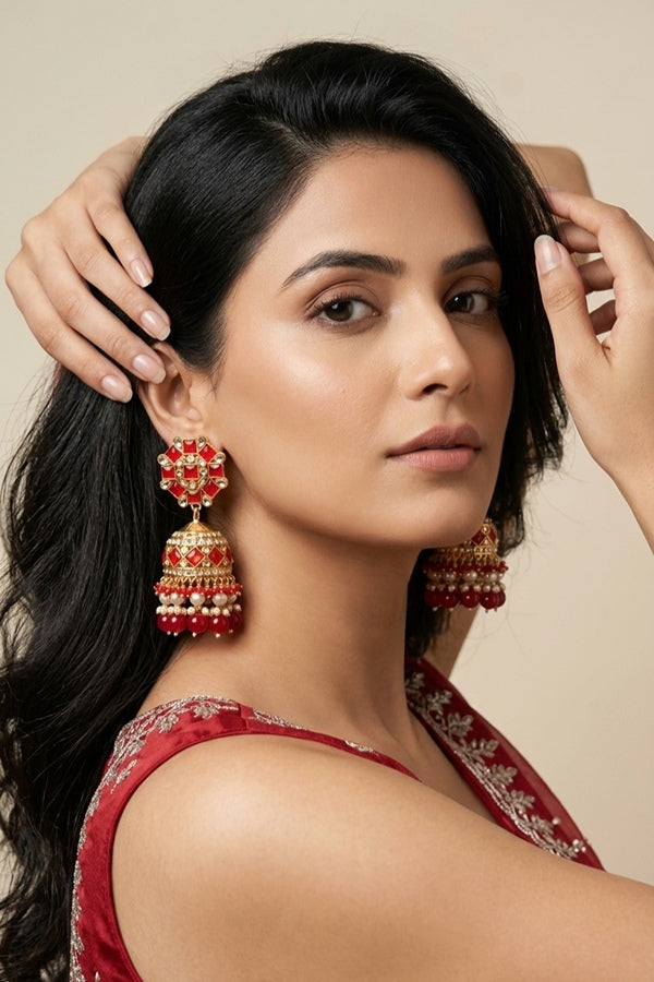 Fashionable Jhumka Earrings With Red Stones And Pearls